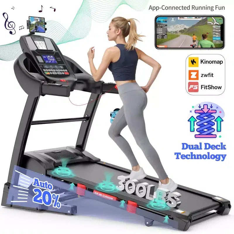 Tapis de course pliable 4,75 CV, capacité de 136 kg, inclinaison automatique de 20 %, application intelligente avec course/marche virtuelle, 64+3+3+1 programmes, 19,3 km/h, tapis de course portable pour la maison
