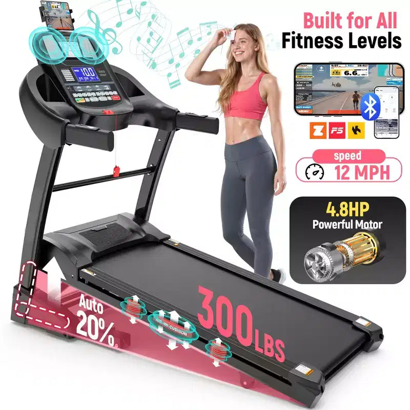 Tapis de course pliable 4,8 CV avec inclinaison automatique 20 %, capacité 136 kg, 19 km/h, tapis de course de gym à domicile avec moteur puissant et conception peu encombrante