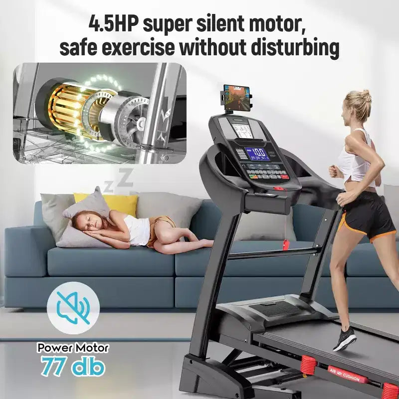 Tapis de course pliable 4,8 CV avec inclinaison automatique 20 %, capacité 136 kg, 19 km/h, tapis de course de gym à domicile avec moteur puissant et conception peu encombrante