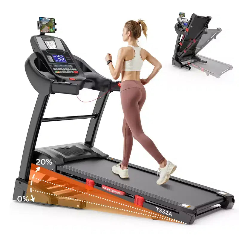Tapis de course avec inclinaison automatique pour la maison, tapis de course pliable avec inclinaison de 20 %, moteur sans balai 5.0HP, 0,6-12 mph, absorption des chocs
