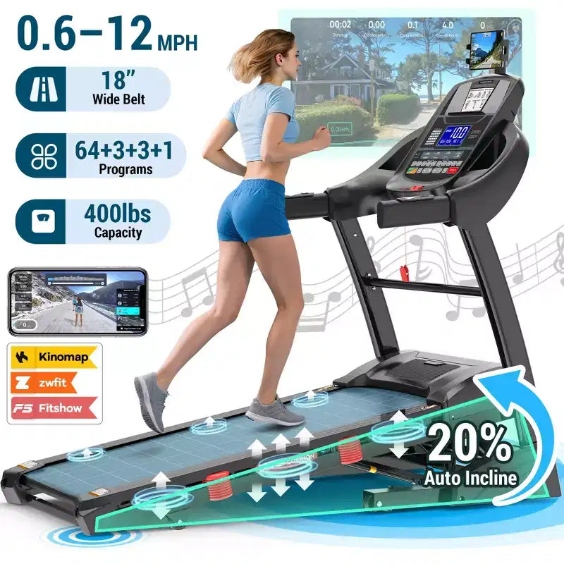 Tapis de course incliné à 20 % pour la maison, capacité de 180 kg, tapis de course pliable, moteur de 5,0 CV, ceinture large de 45 cm