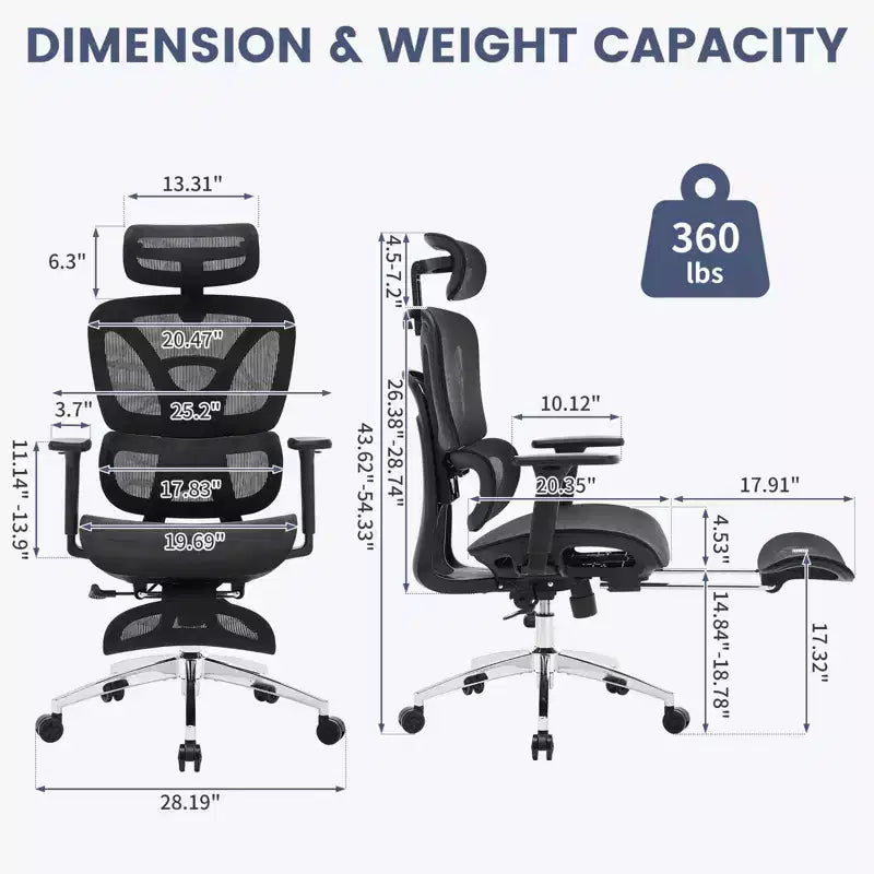 Chaise de bureau inclinable ergonomique en maille à dossier haut avec repose-pieds, soutien lombaire dynamique - chaise de travail pivotante pour la maison et le gaming, noir