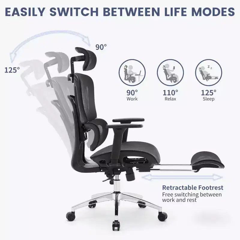 Chaise de bureau inclinable ergonomique en maille à dossier haut avec repose-pieds, soutien lombaire dynamique - chaise de travail pivotante pour la maison et le gaming, noir