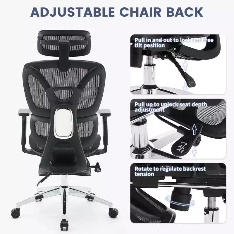 Chaise de bureau inclinable ergonomique en maille à dossier haut avec repose-pieds, soutien lombaire dynamique - chaise de travail pivotante pour la maison et le gaming, noir