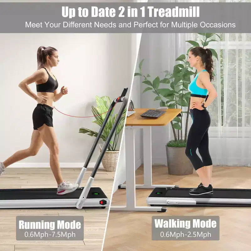 Gymax Machine de course 2-en-1 sous le bureau, tapis roulant électrique et moteur puissant, roulettes de transport flexibles, support pour téléphone, Argent/Noir/Blanc