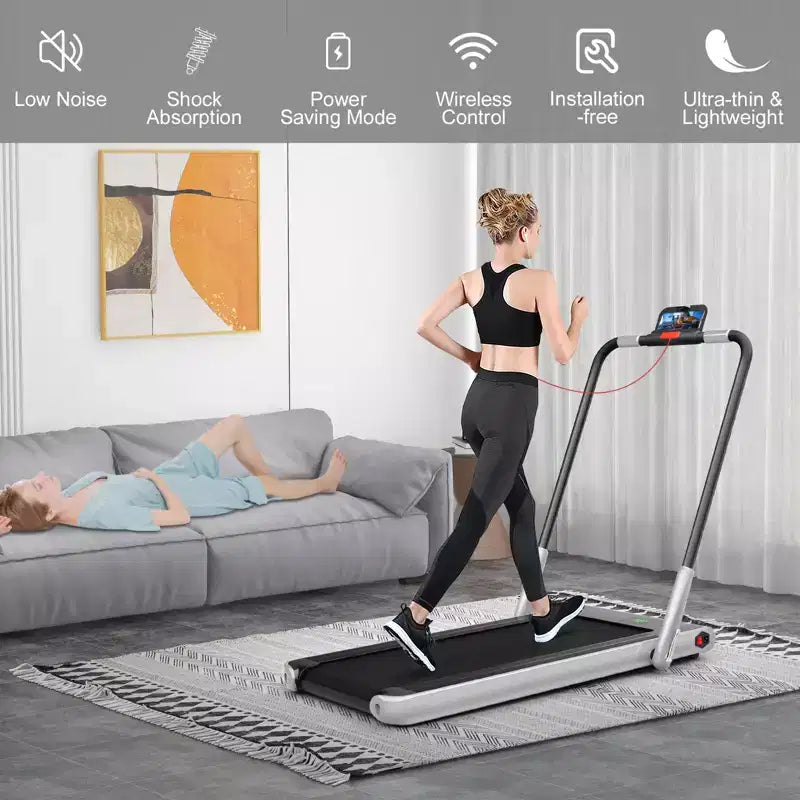 Gymax Machine de course 2-en-1 sous le bureau, tapis roulant électrique et moteur puissant, roulettes de transport flexibles, support pour téléphone, Argent/Noir/Blanc