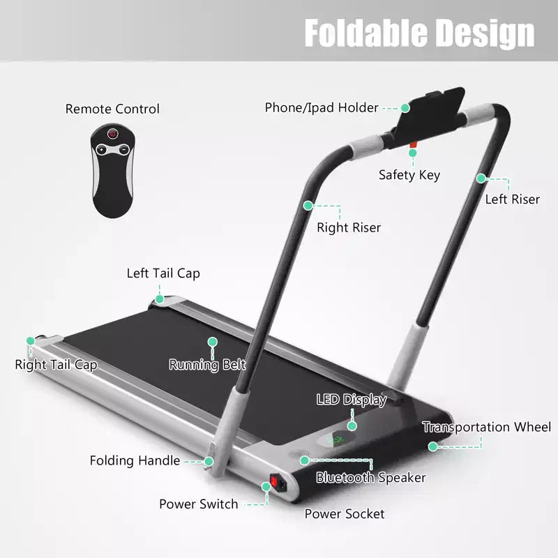 Gymax Machine de course 2-en-1 sous le bureau, tapis roulant électrique et moteur puissant, roulettes de transport flexibles, support pour téléphone, Argent/Noir/Blanc