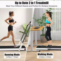 Gymax Machine de course 2-en-1 sous le bureau, tapis roulant électrique et moteur puissant, roulettes de transport flexibles, support pour téléphone, Argent/Noir/Blanc