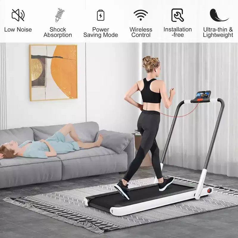 Gymax Machine de course 2-en-1 sous le bureau, tapis roulant électrique et moteur puissant, roulettes de transport flexibles, support pour téléphone, Argent/Noir/Blanc
