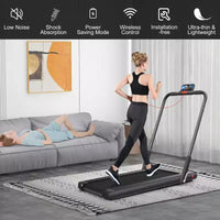 Gymax Machine de course 2-en-1 sous le bureau, tapis roulant électrique et moteur puissant, roulettes de transport flexibles, support pour téléphone, Argent/Noir/Blanc