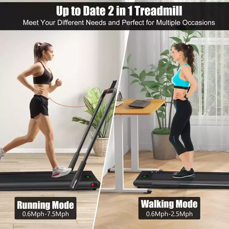 Gymax Machine de course 2-en-1 sous le bureau, tapis roulant électrique et moteur puissant, roulettes de transport flexibles, support pour téléphone, Argent/Noir/Blanc