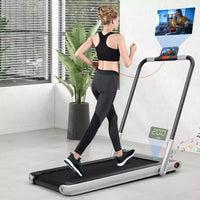 Gymax Machine de course 2-en-1 sous le bureau, tapis roulant électrique et moteur puissant, roulettes de transport flexibles, support pour téléphone, Argent/Noir/Blanc