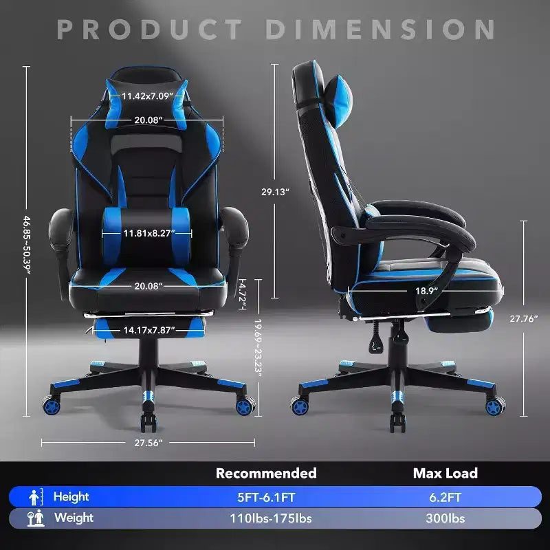 Chaise gaming ergonomique Acekool pour adultes, cuir PU, lombaire de massage, repose-pieds, réglable, pour le bureau ou le gaming