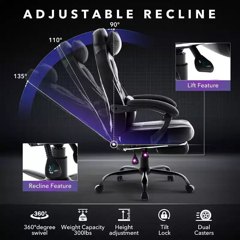 Chaise gaming ergonomique Acekool pour adultes, cuir PU, lombaire de massage, repose-pieds, réglable, pour le bureau ou le gaming