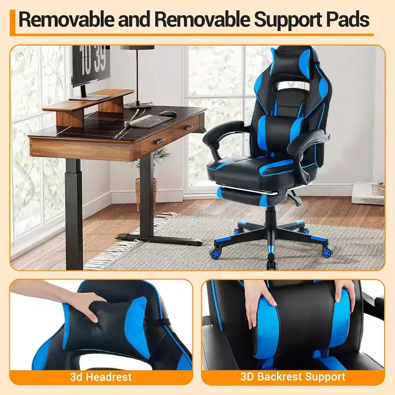 Chaise gaming ergonomique Acekool pour adultes, cuir PU, lombaire de massage, repose-pieds, réglable, pour le bureau ou le gaming