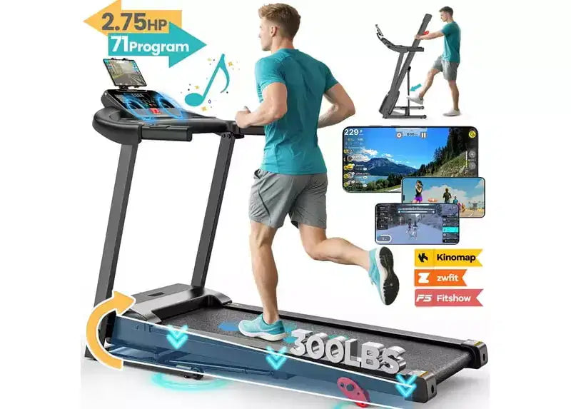 Tapis roulant pliable de 2,75 CV avec capacité de 300 lb et inclinaison, 71 programmes, application intelligente, haut-parleurs stéréo HiFi, tapis roulant portable de 12 km/h pour la marche et le jogging à domicile