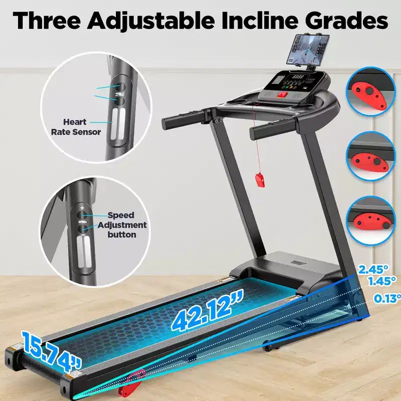 Tapis de course portable 3.5 HP - compact, Bluetooth, contrôle par application & 71 programmes, inclinaison 3 niveaux pour jogging & course à la maison/au bureau
