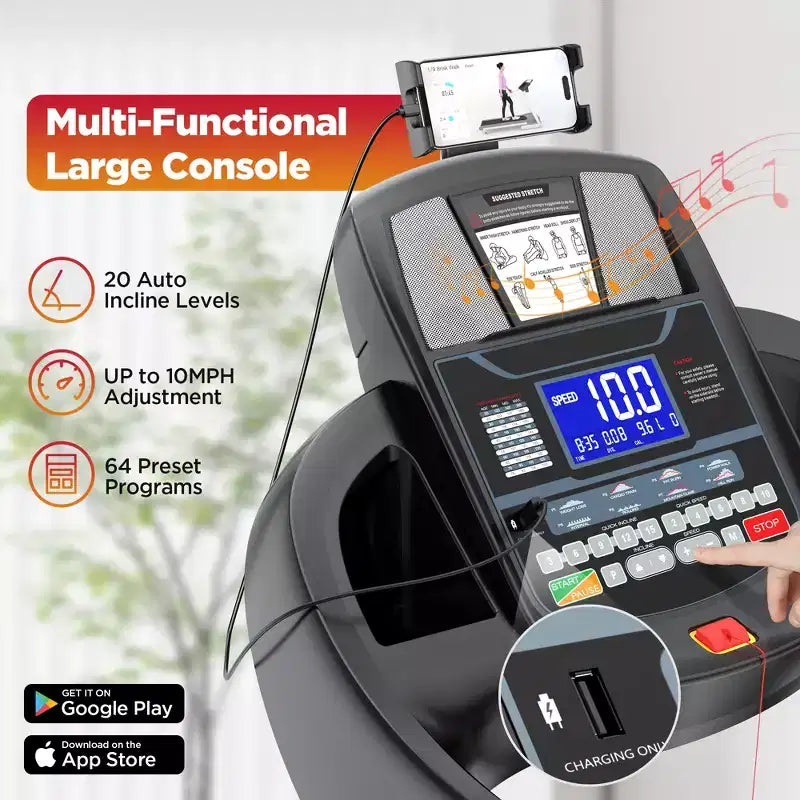 Tapis de course pliable 5.0 CV pour bureau à domicile avec 20 inclinaisons automatiques, capacité de 136 kg, vitesse rapide de 19,3 km/h, 71 programmes, compatible application pour la course et la marche