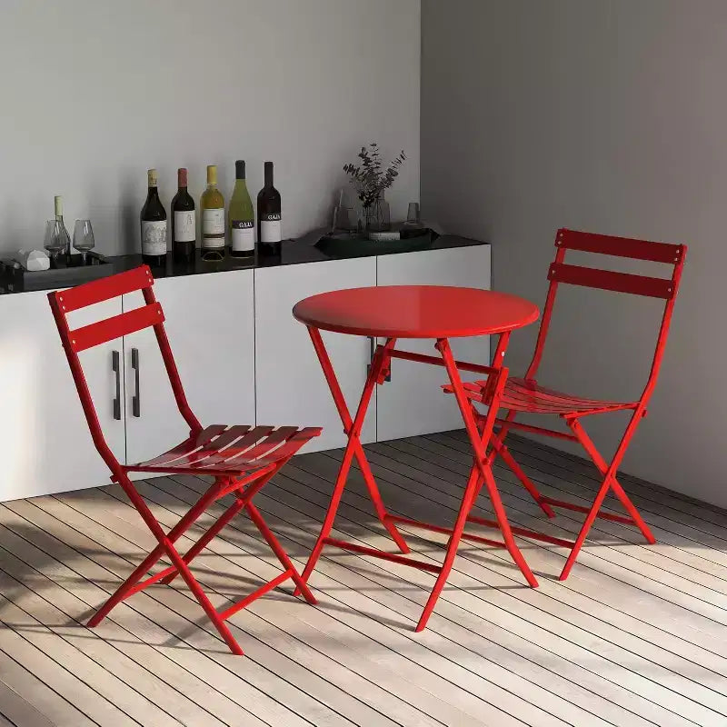 Table ronde pliante d'extérieur + ensemble bistro 2 chaises pour terrasse, en métal antirouille, portable, pour cour et loisirs