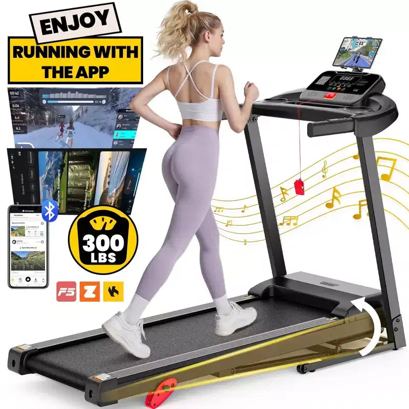 Tapis roulant inclinable de 3 CV avec capacité de 136 kg, tapis de course pliable pour la maison avec deux haut-parleurs, 64+7 programmes, course virtuelle avec application, tapis de marche et de jogging