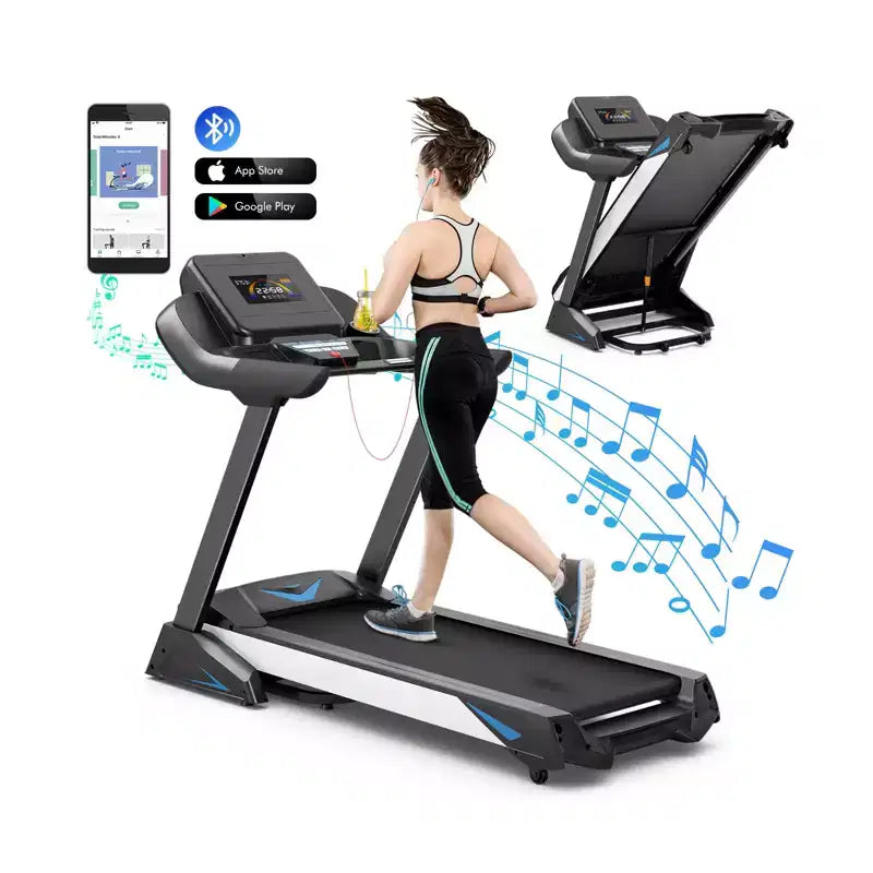Gymax Tapis de course 4.75 HP avec application et inclinaison automatique, tapis de course pliant avec haut-parleurs Bluetooth et écran LED, machine de course électrique