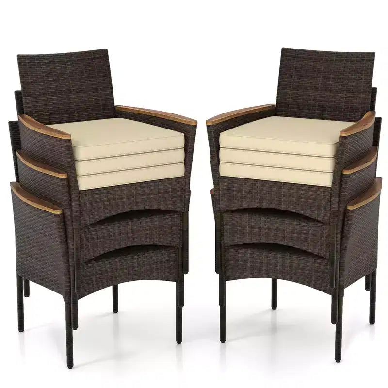Gymax Chaises de patio en résine tressée 6 pièces avec cadre en acier et coussins moelleux, accoudoirs d'extérieur Mix Marron et Beige