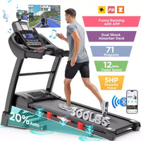 Tapis roulant pliable avec inclinaison automatique à 20 %, capacité de 145 kg, moteur sans balais de 5 CV, contrôle par application intelligente, 19 km/h, deux haut-parleurs HiFi, marche et course