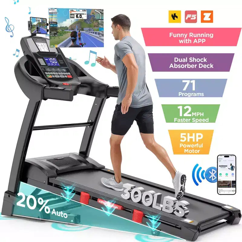 Tapis roulant pliable avec inclinaison automatique à 20 %, capacité de 145 kg, moteur sans balais de 5 CV, contrôle par application intelligente, 19 km/h, deux haut-parleurs HiFi, marche et course