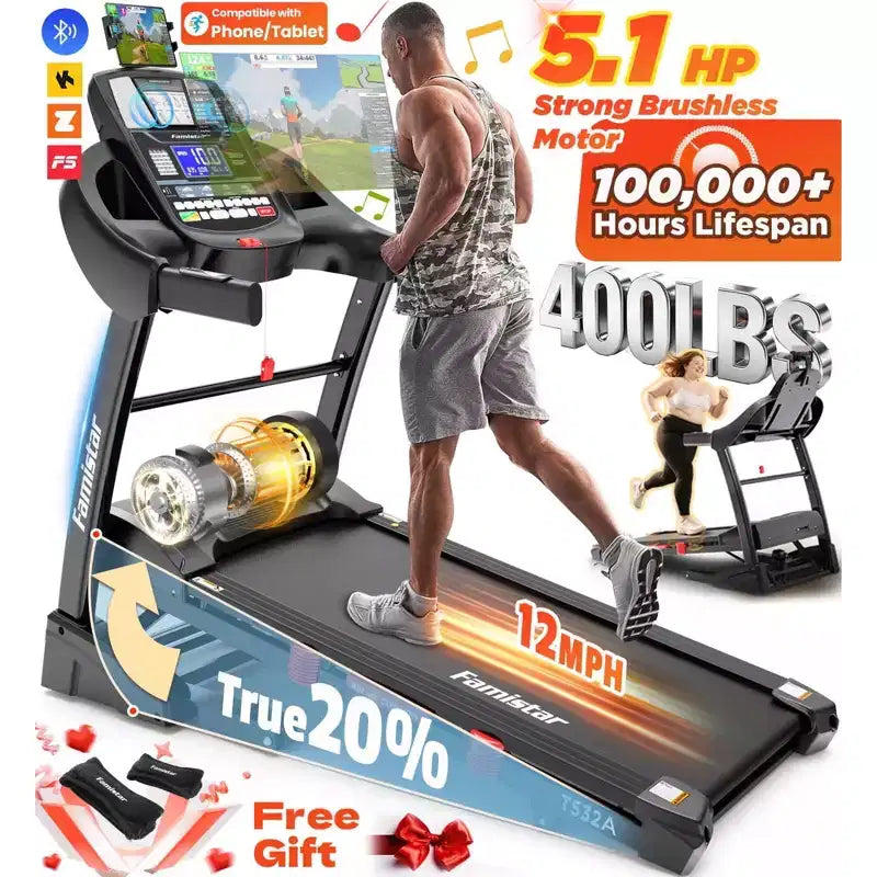 Tapis de course pliable Famistar 5,1 CV pour la maison avec inclinaison automatique de 20 %, capacité de 136 à 181 kg, tapis de course pliable portable, contrôle gratuit de l'application, vitesse de 19 km/h