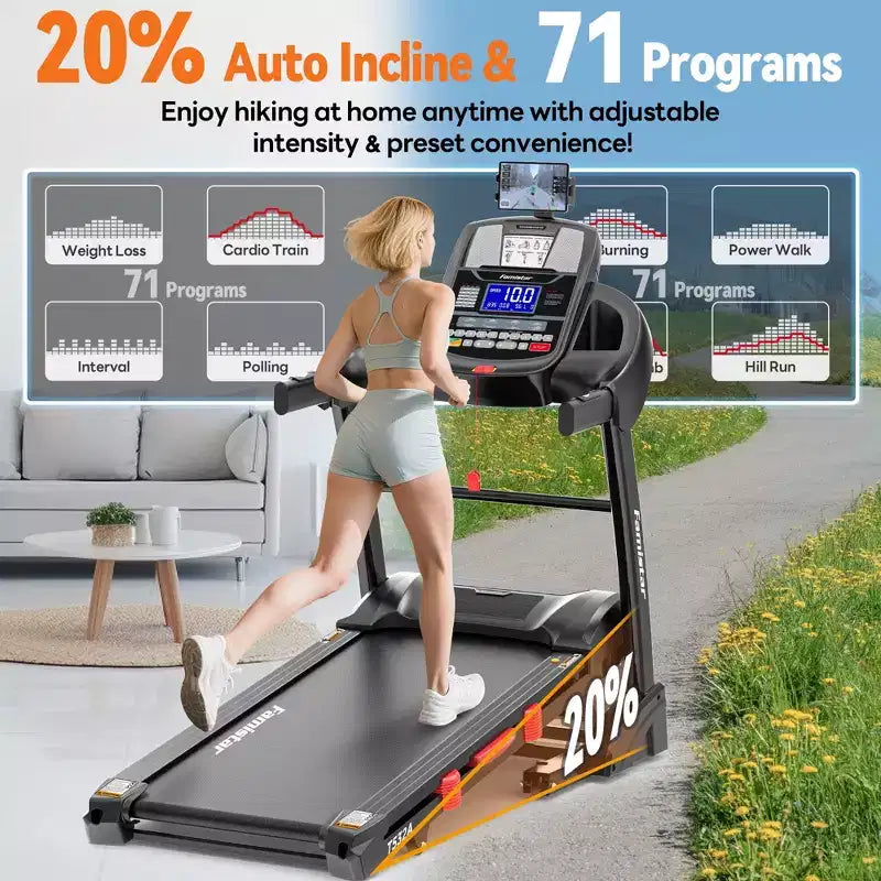 Tapis de course pliable Famistar 5,1 CV pour la maison avec inclinaison automatique de 20 %, capacité de 136 à 181 kg, tapis de course pliable portable, contrôle gratuit de l'application, vitesse de 19 km/h