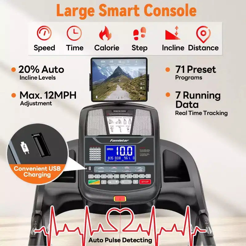 Tapis de course pliable Famistar 5,1 CV pour la maison avec inclinaison automatique de 20 %, capacité de 136 à 181 kg, tapis de course pliable portable, contrôle gratuit de l'application, vitesse de 19 km/h
