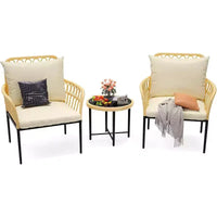 Ensemble bistro de patio 3 pièces - Chaises en rotin tout temps avec coussins et table basse en verre, ensemble de conversation d'extérieur idéal pour balcon, arrière-cour