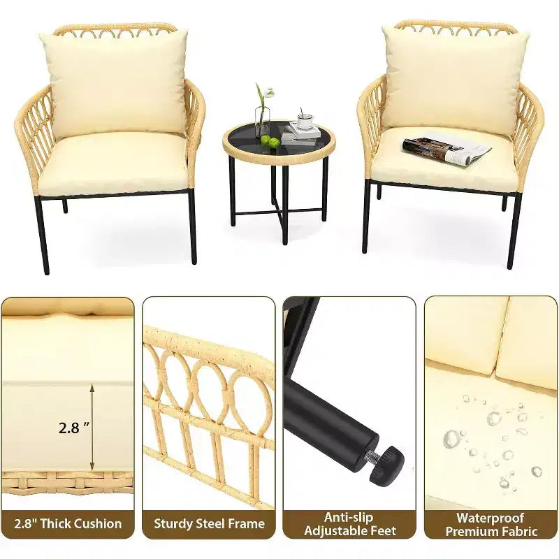Ensemble bistro de patio 3 pièces - Chaises en rotin tout temps avec coussins et table basse en verre, ensemble de conversation d'extérieur idéal pour balcon, arrière-cour
