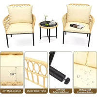 Ensemble bistro de patio 3 pièces - Chaises en rotin tout temps avec coussins et table basse en verre, ensemble de conversation d'extérieur idéal pour balcon, arrière-cour