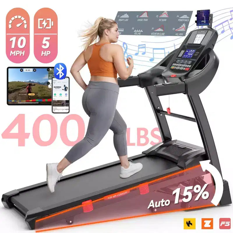 Tapis roulant pliable 5 CV avec inclinaison automatique de 20 % pour la maison, capacité de 180 kg, avec contrôle intelligent par application, 71 programmes, vitesse maximale de 19 km/h