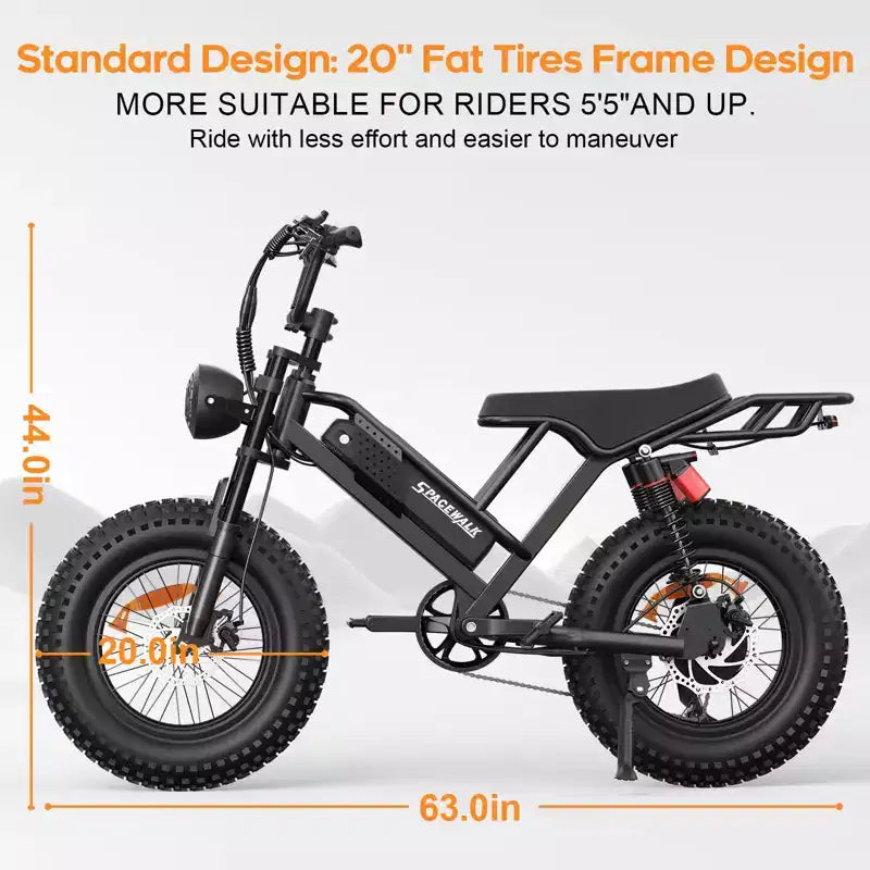 Eilleo E-bike pneus larges 20, moteur 750W (920W de pointe), 24,9 mph, autonomie 50-70 miles, batterie 48V 15,6Ah, double suspension, Shimano 7 vitesses
