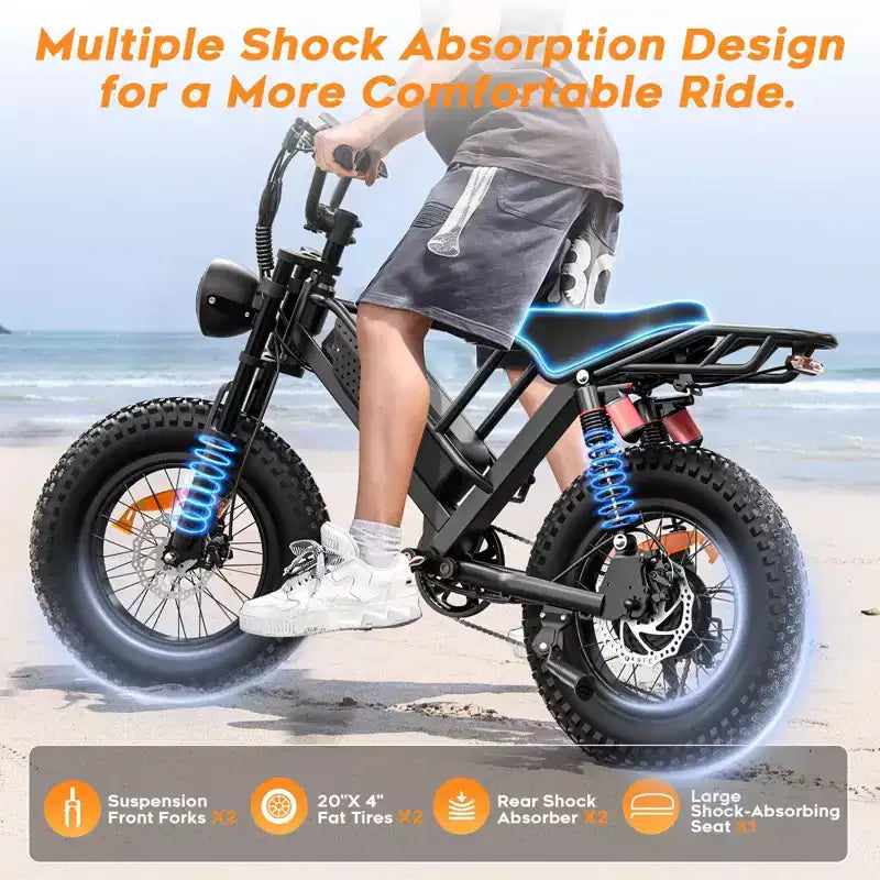 Eilleo E-bike pneus larges 20, moteur 750W (920W de pointe), 24,9 mph, autonomie 50-70 miles, batterie 48V 15,6Ah, double suspension, Shimano 7 vitesses