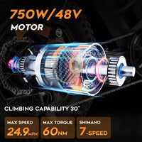 Eilleo E-bike pneus larges 20, moteur 750W (920W de pointe), 24,9 mph, autonomie 50-70 miles, batterie 48V 15,6Ah, double suspension, Shimano 7 vitesses