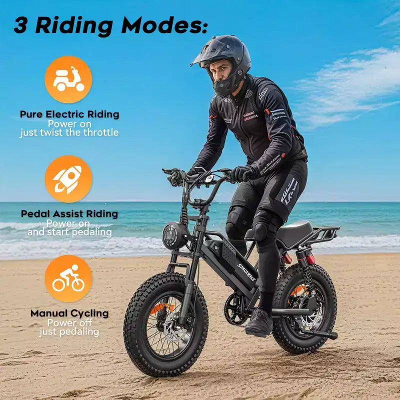 Eilleo E-bike pneus larges 20, moteur 750W (920W de pointe), 24,9 mph, autonomie 50-70 miles, batterie 48V 15,6Ah, double suspension, Shimano 7 vitesses