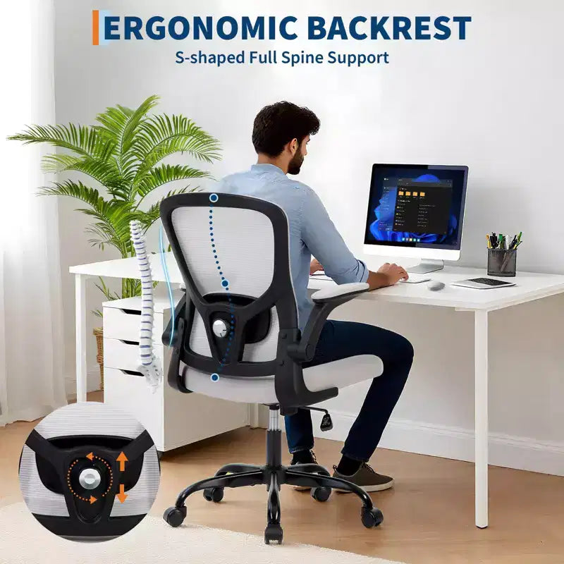 Chaise de bureau premium ergonomique en maille gris à dossier haut - hauteur réglable, accoudoirs relevables et soutien lombaire - assise pivotante confortable pour la maison, le gaming et le travail