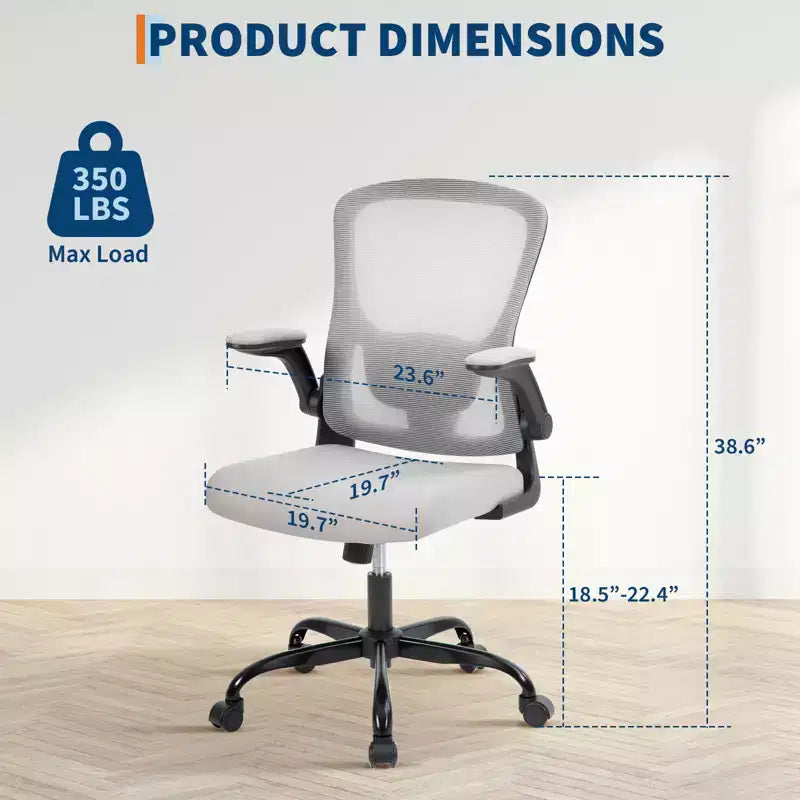 Chaise de bureau premium ergonomique en maille gris à dossier haut - hauteur réglable, accoudoirs relevables et soutien lombaire - assise pivotante confortable pour la maison, le gaming et le travail