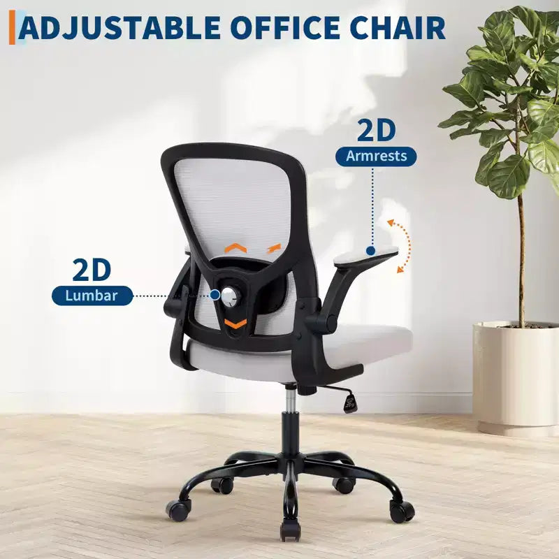 Chaise de bureau premium ergonomique en maille gris à dossier haut - hauteur réglable, accoudoirs relevables et soutien lombaire - assise pivotante confortable pour la maison, le gaming et le travail