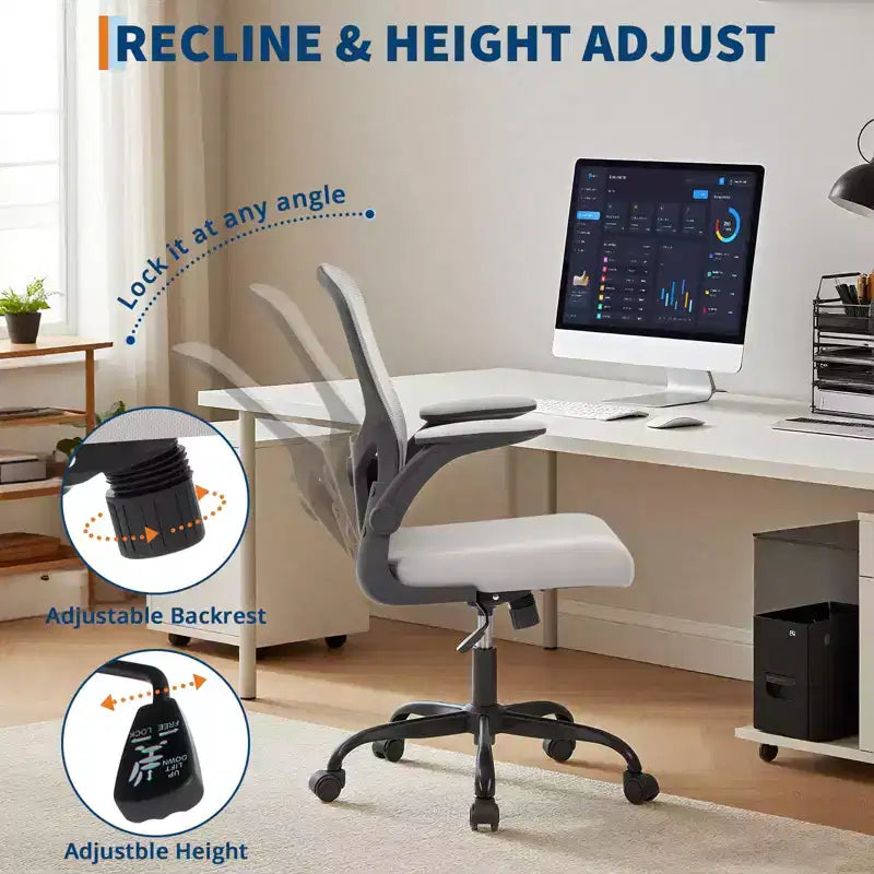 Chaise de bureau premium ergonomique en maille gris à dossier haut - hauteur réglable, accoudoirs relevables et soutien lombaire - assise pivotante confortable pour la maison, le gaming et le travail