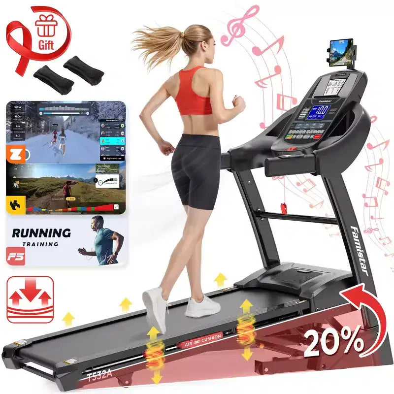 Tapis de course d'une capacité de 180 kg, tapis de course pliable avec inclinaison de 20 %, tapis de course électrique avec contrôle via application, 0,6-12 MPH, 64+3+3+1 programmes, absorption des chocs