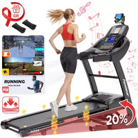 Tapis de course d'une capacité de 180 kg, tapis de course pliable avec inclinaison de 20 %, tapis de course électrique avec contrôle via application, 0,6-12 MPH, 64+3+3+1 programmes, absorption des chocs