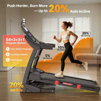 Tapis de course d'une capacité de 180 kg, tapis de course pliable avec inclinaison de 20 %, tapis de course électrique avec contrôle via application, 0,6-12 MPH, 64+3+3+1 programmes, absorption des chocs
