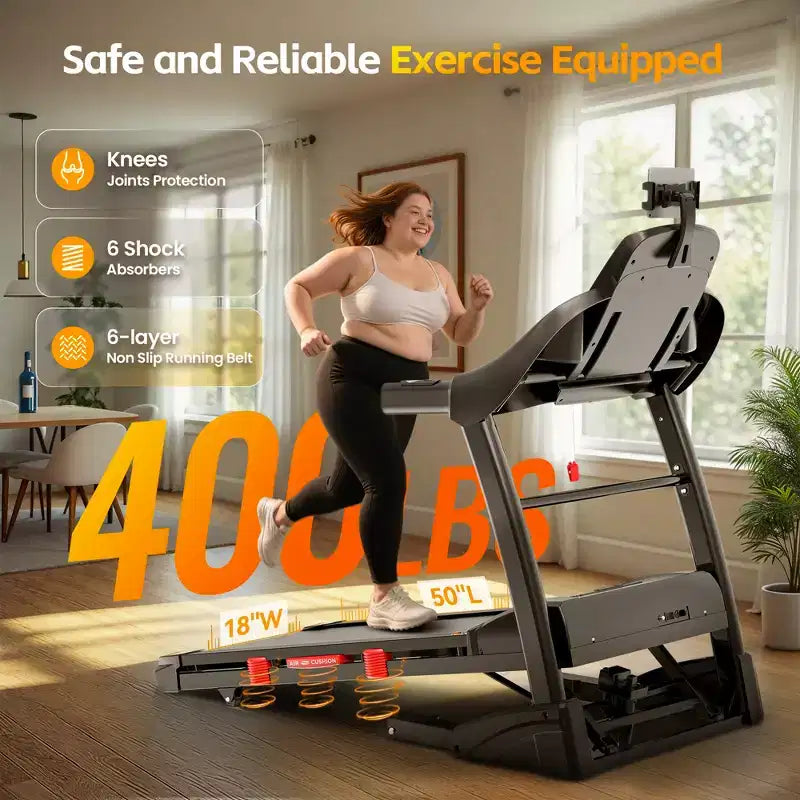 Tapis de course d'une capacité de 180 kg, tapis de course pliable avec inclinaison de 20 %, tapis de course électrique avec contrôle via application, 0,6-12 MPH, 64+3+3+1 programmes, absorption des chocs