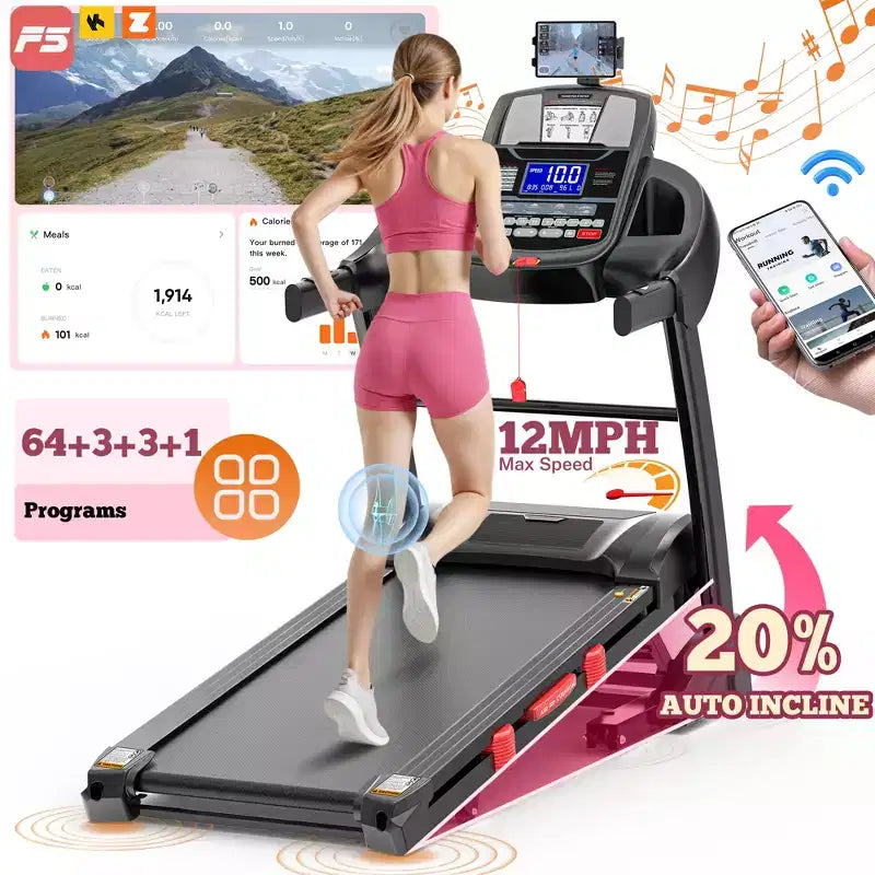 Tapis de course pour la maison, tapis roulant 5,1 CV avec inclinaison de 20 %, tapis de course avec capacité de poids de 180 kg, tapis roulant 19 km/h avec 64 programmes prédéfinis, maison, bureau et salle de sport