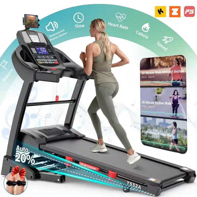 Tapis de course pliant électrique pour la maison, moteur 5HP, capacité 400 Lbs, jusqu'à 12 MPH, machine de course avec inclinaison automatique 20%, contrôle par application & Bluetooth