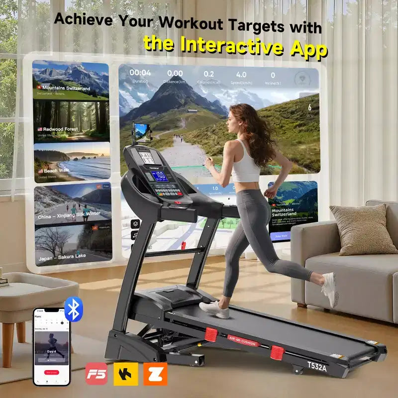 Tapis de course pliant électrique pour la maison, moteur 5HP, capacité 400 Lbs, jusqu'à 12 MPH, machine de course avec inclinaison automatique 20%, contrôle par application & Bluetooth